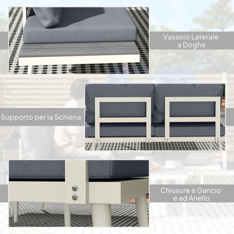 Outsunny Salotto da Giardino con 2 Divani con Cuscini, Schienale Regolabile a 5 Livelli e Tavolino a Doghe, Grigio