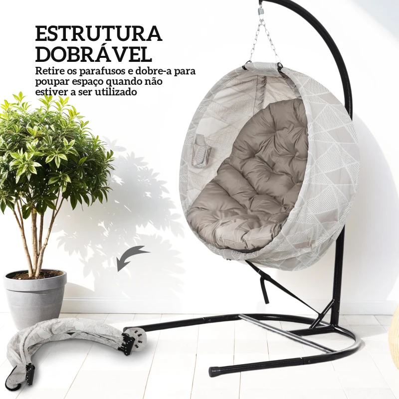 Outsunny Cadeira Suspensa com Suporte Cesto Dobrável de Malha Dupla com Almofada e Apoio para Copos 106x114x178 cm Areia e Preto