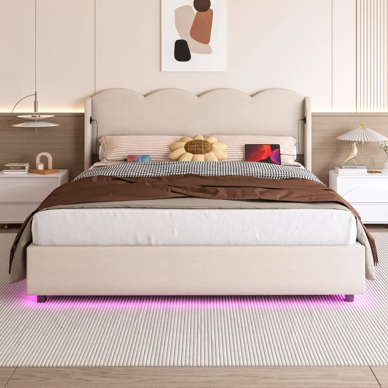 Doppelbett mit wellenförmigem Kopfteil, LED-Licht, hydraulischem Stauraum, Stoff in Samtoptik, 140×200 cm, ohne Matratze, Beige