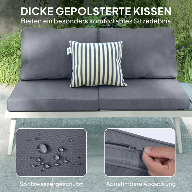 Outsunny Gartenmöbel Set 4 Personen wetterfest Balkonmöbel-Set mit 2er Sofa, Kissen Beistelltisch Stahl Grau(m-7)