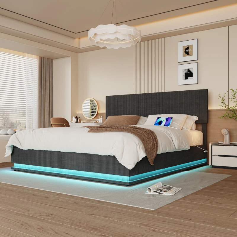 Luxus Doppelbett 160x200 cm, Höheverstellbares Kopfteil mit LED-Licht, Stauraum Bett mit USB-Ladefunktion, Dunkelgrau