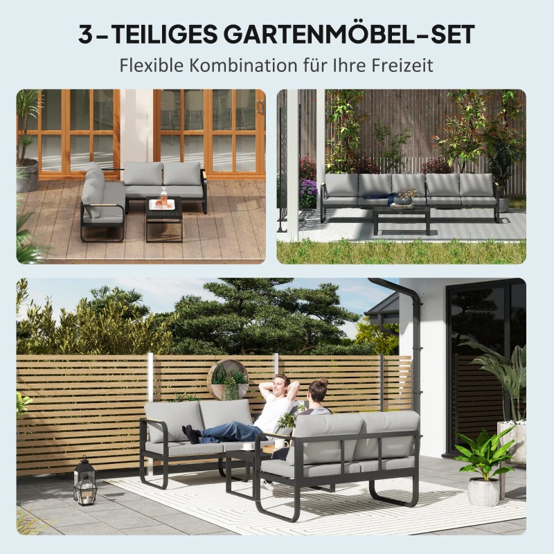 Outsunny Tuinmeubelset, 2-zitsbank, 3-zitsbank, Salontafel, Roestvrij Metalen Frame, Terrasmeubilair, Grijs