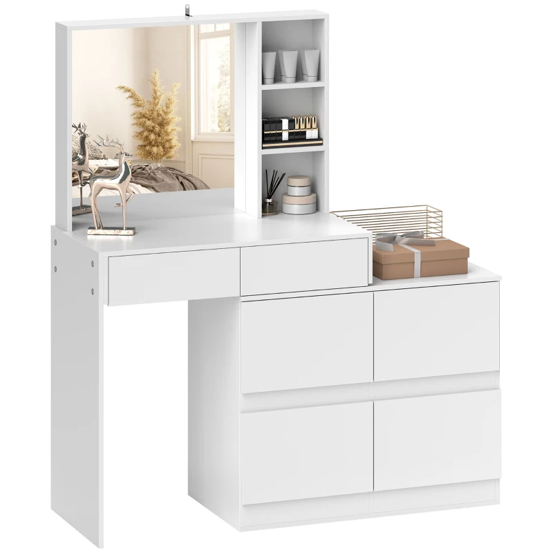 HOMCOM Kaptafel, Makeup-Tafel met Grote Spiegel, 4 Laden, 3 Open Vakken, 2 Kasten, MDF, Wit(m-10)