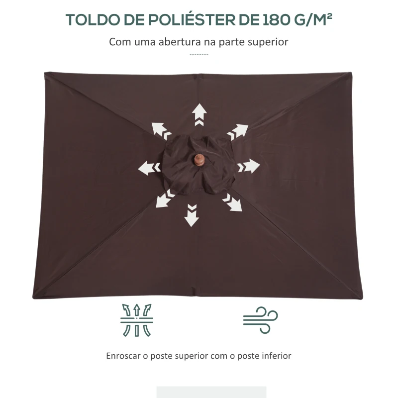 Outsunny Chapéu de Sol de Jardim 200x150x230 cm Chapéu de Sol Retangular Inclinável com Polia Duplo Teto  Marrom