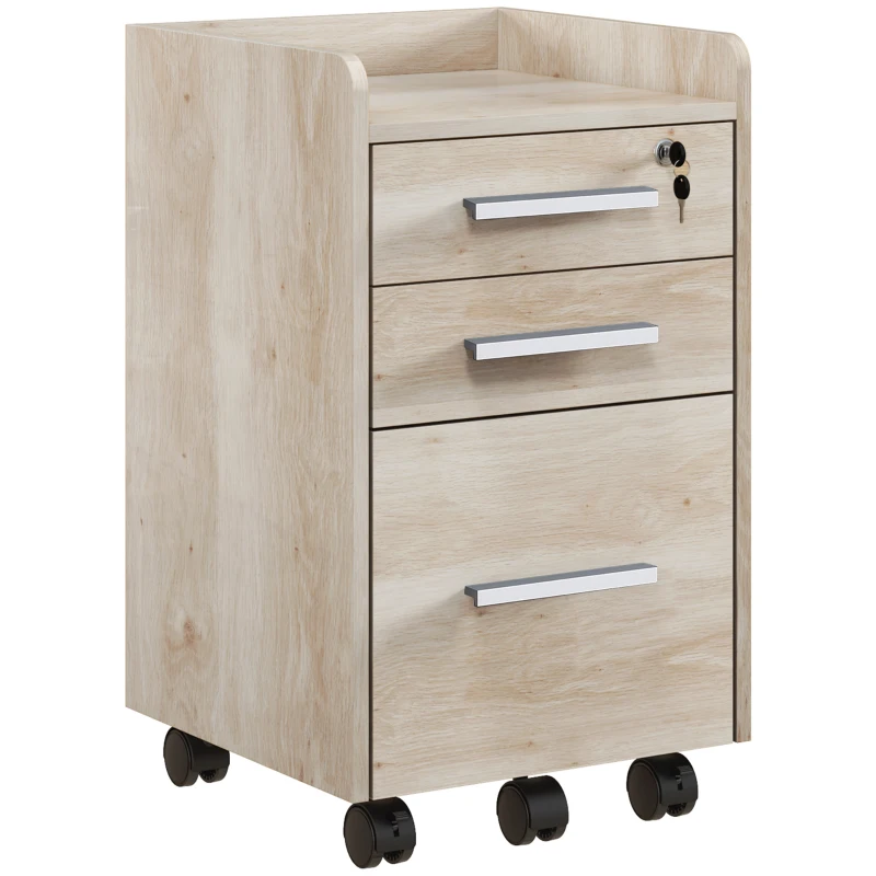 HOMCOM Caisson de bureau rangement bureau sur roulettes 3 tiroirs 1 verrouillable 1 trieur dossiers en bois beige