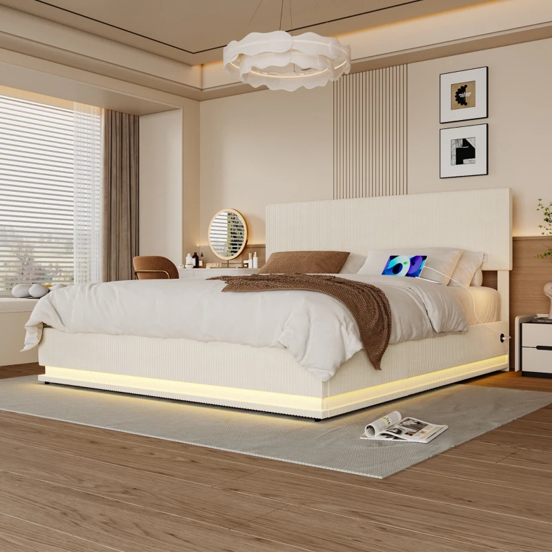 Lit double 160x200cm, avec espace de rangement et cadre de nouilles plat, tête de lit réglable en hauteur, sans matelas, Beige