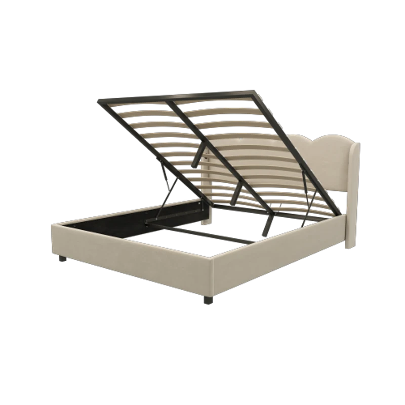 Doppelbett mit wellenförmigem Kopfteil, LED-Licht, hydraulischem Stauraum, Stoff in Samtoptik, 140×200 cm, ohne Matratze, Beige