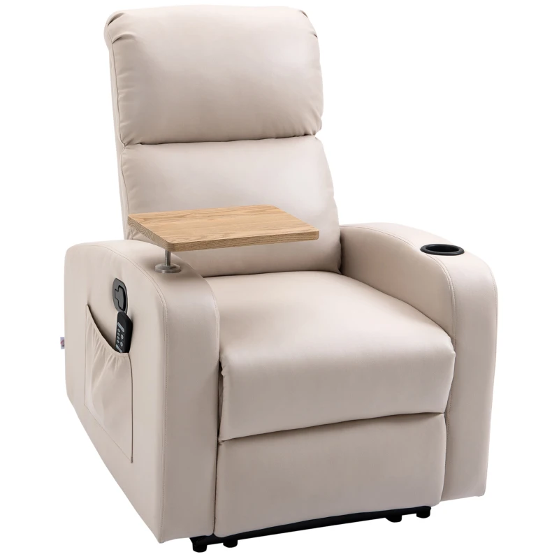HOMCOM Fauteuil Relax Électrique Fauteuil Massant Inclinable avec Tablette, Poches latérales et Télécommande pour Salon et Chambre- en Microfibre Beige