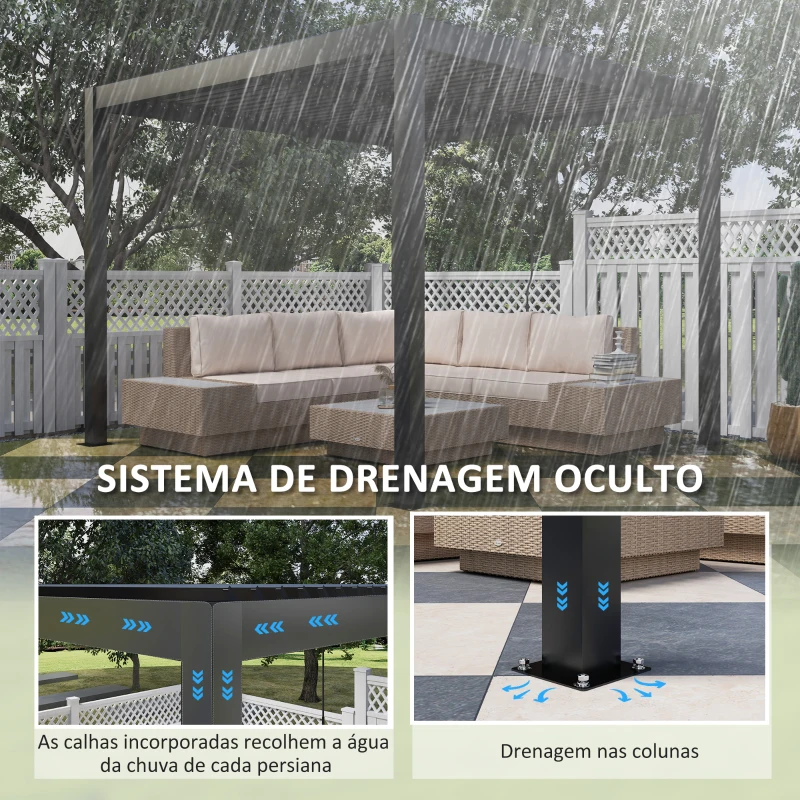 Outsunny Pérgola de Alumínio 3x3 m Pérgola de Jardim com Teto de Lâminas Ajustáveis e Sistema de Drenagem Impermeável Anti-UV Cinza Escuro