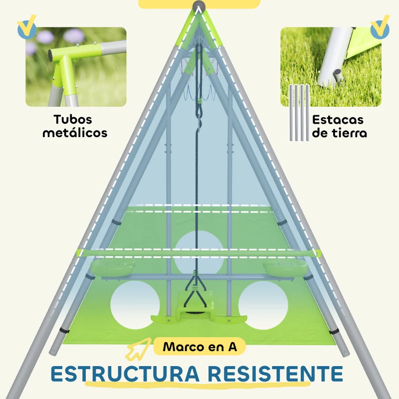 AIYAPLAY Conjunto de Columpios 4 en 1 con Planeador Canasta y Portería de Puntería para Niños de 3 a 8 Años 215x180x182 cm Verde
