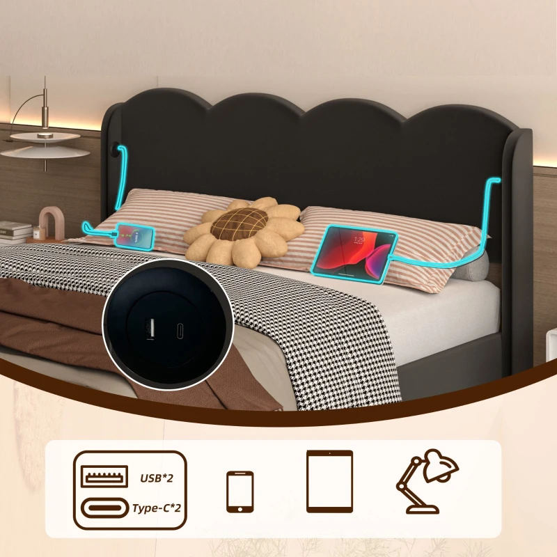 Doppelbett mit wellenförmigem Kopfteil, LED-Licht, hydraulischem Stauraum, Stoff in Samtoptik, 140×200 cm, ohne Matratze, Schwarz