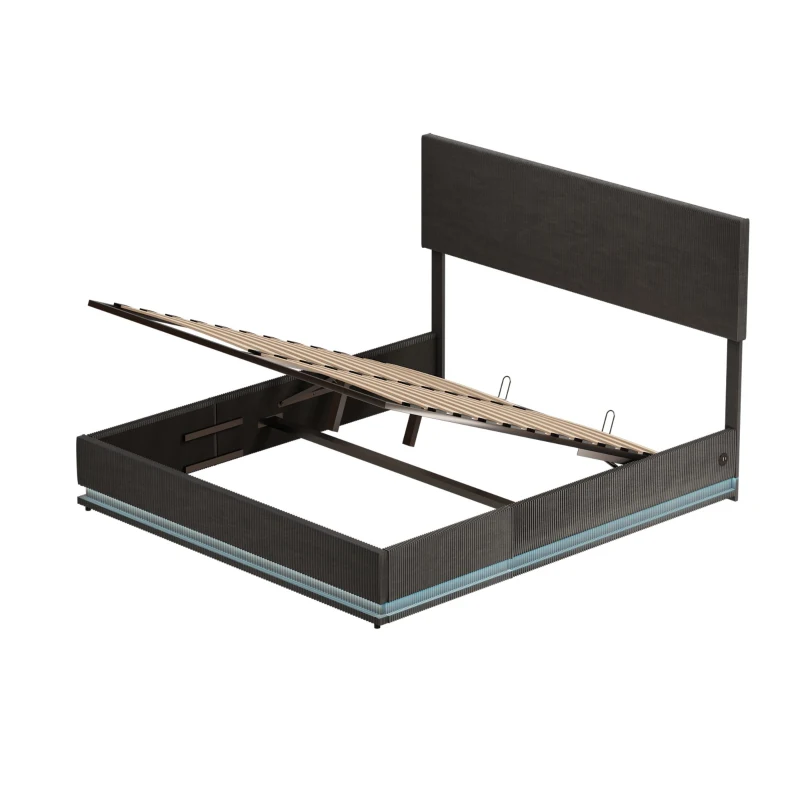 Letto matrimoniale con spazio contenitore e testiera regolabile in altezza (materasso non incluso), 180x200 cm, Grigio Scuro