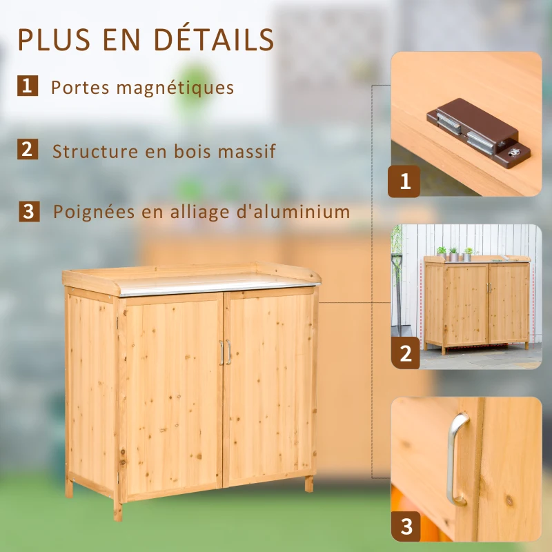Outsunny Armoire de jardin sur pied table de rempotage 2 en 1 - table de jardinage double porte, étagère, plateau tôle acier galvanisé - table de plantation bois de cèdre pré-huilé
