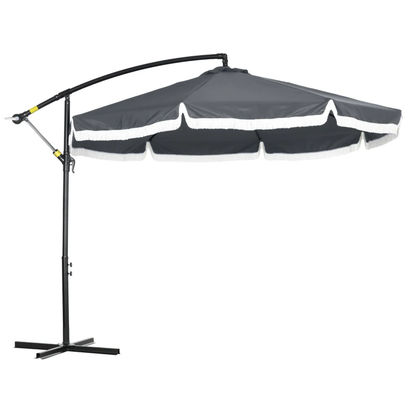 Outsunny Parasol déporté parasol de jardin Ø3 x 2,6 cm avec manivelle pied en croix 8 baleines et frange gris