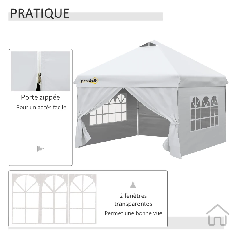 Outsunny Tonnelle pop-up tente de jardin barnum 3x3 m hauteur réglable avec 4 parois latérales amovibles, fenêtres, sac de transport à roulettes - blanc