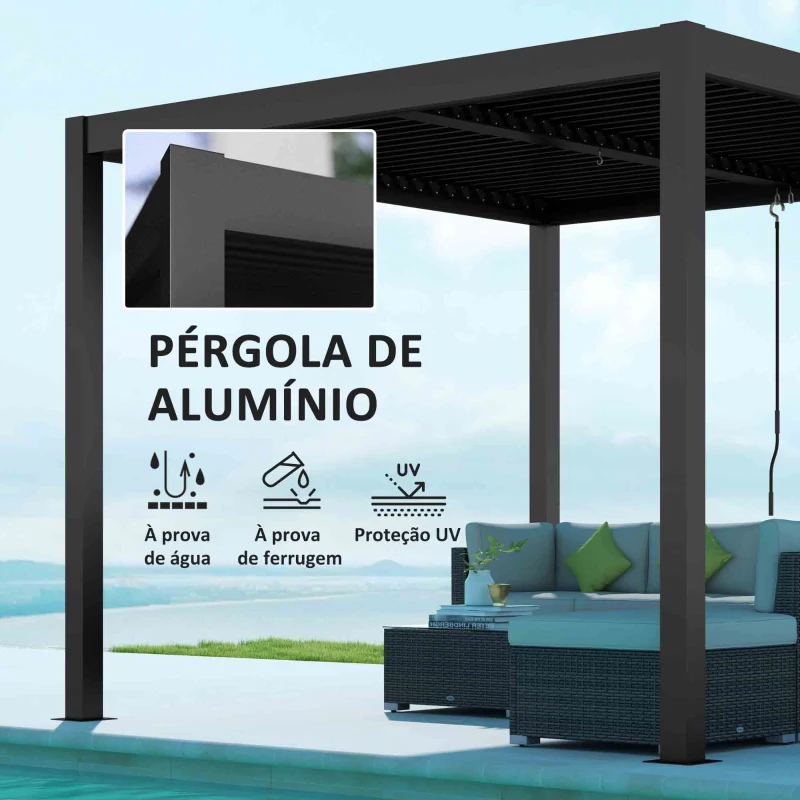 Outsunny Pérgola de Alumínio 3x3 m Pérgola de Jardim com Teto de Lâminas Ajustáveis e Sistema de Drenagem Impermeável Anti-UV Cinza Escuro