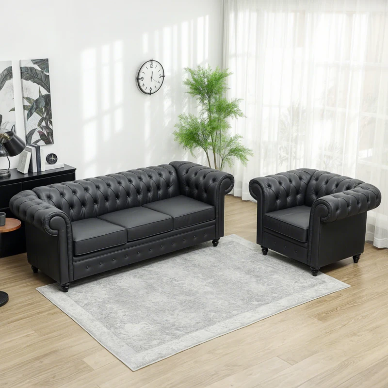 HOMCOM Divano 3 Posti Stile Chesterfield Trapuntato con Molle Insacchettate, Finta Pelle, 213x86x79 cm, Nero