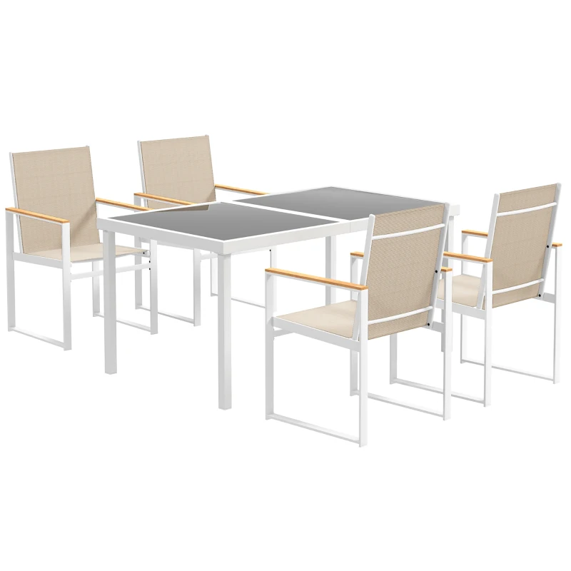 Outsunny Ensemble de salle à manger 5 pièces, table extérieure en verre trempé, 4 chaises, résistant aux intempéries, cadre en acier, mobilier de terrasse, multicolore