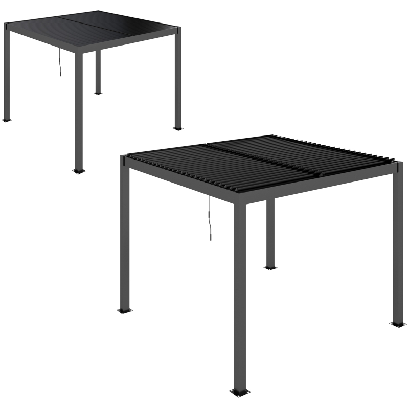 Outsunny Pérgola de Alumínio 3x3 m Pérgola de Jardim com Teto de Lâminas Ajustáveis e Sistema de Drenagem Impermeável Anti-UV Cinza Escuro