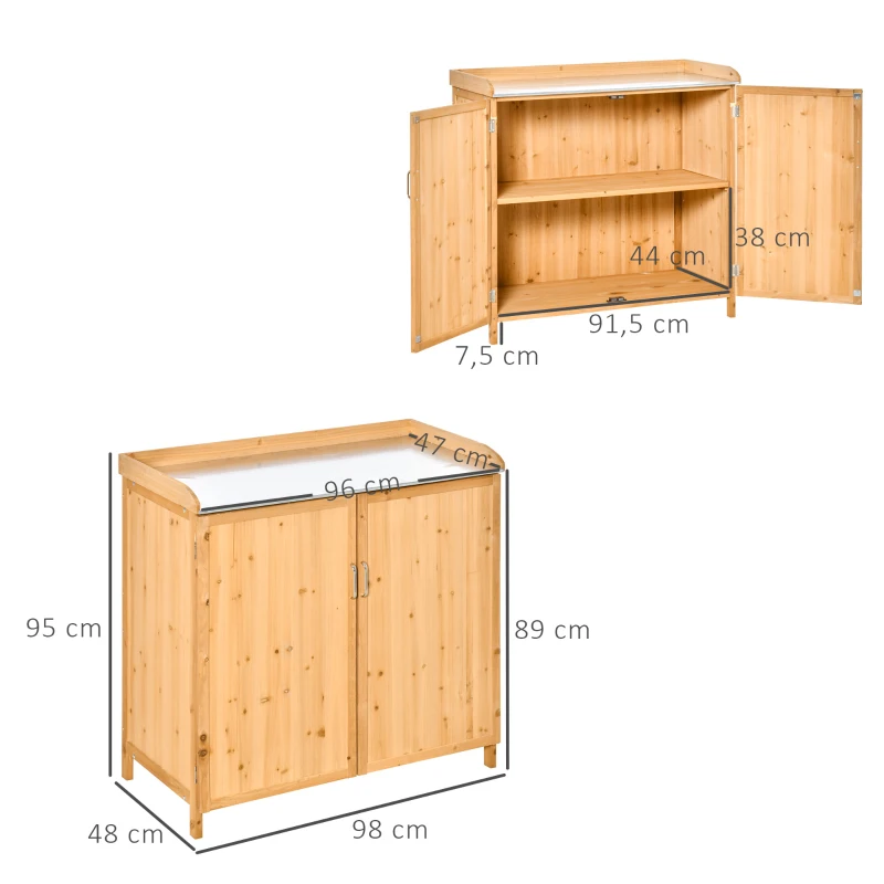 Outsunny Armoire de jardin sur pied table de rempotage 2 en 1 - table de jardinage double porte, étagère, plateau tôle acier galvanisé - table de plantation bois de cèdre pré-huilé