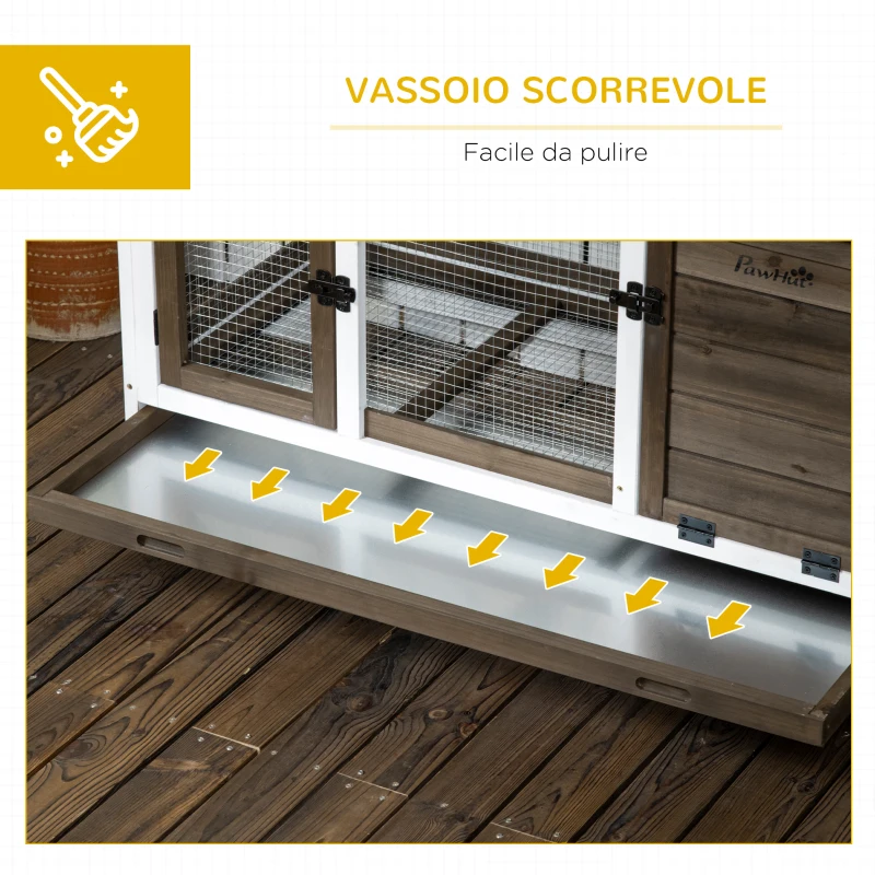 PawHut Conigliera in Legno da Interno ed Esterno con Ruote, Casetta, Tetto Apribile e Vassoio, Marrone