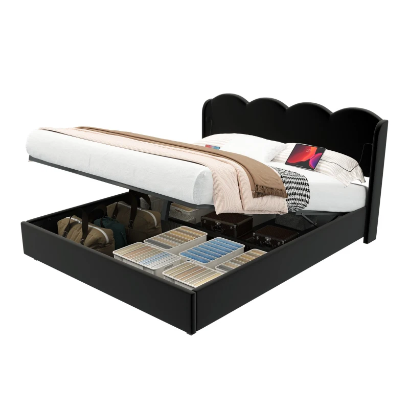 Doppelbett mit wellenförmigem Kopfteil, LED-Licht, hydraulischem Stauraum, Stoff in Samtoptik, 140×200 cm, ohne Matratze, Schwarz