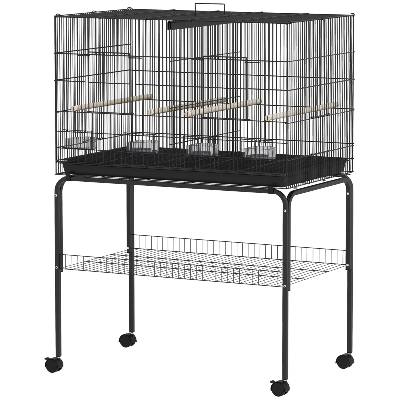 PawHut Gaiola para Pássaros com Divisória Rodas Gaiola para Aves com Comedouros Poleiros e Bandeja Removível 94x57x128 cm Preto