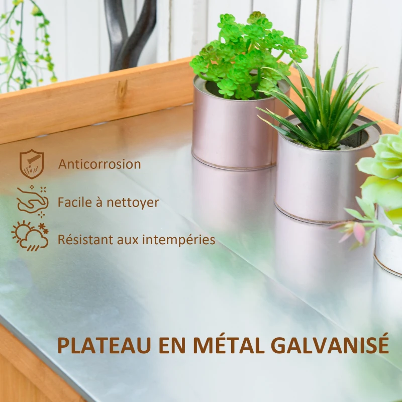 Outsunny Armoire de jardin sur pied table de rempotage 2 en 1 - table de jardinage double porte, étagère, plateau tôle acier galvanisé - table de plantation bois de cèdre pré-huilé