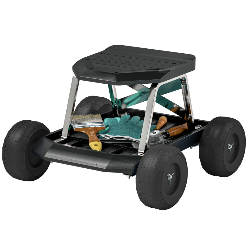 Outsunny Assento de Jardim com Rodas Banco de Jardinagem com Bandeja de Ferramentas Carrinho de Trabalho  50x49x32 cm Preto