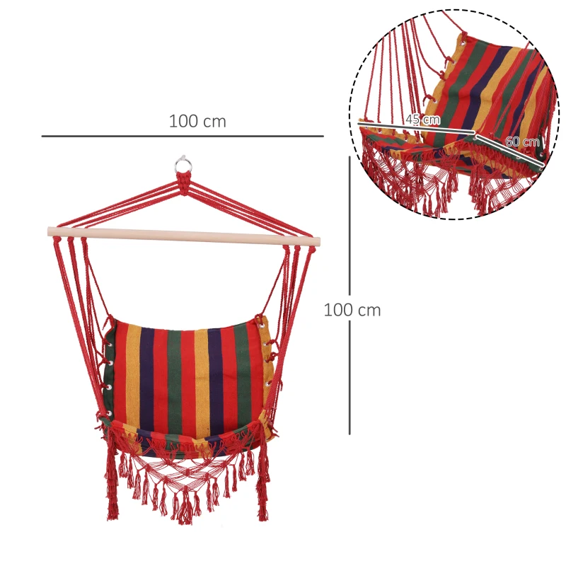 Outsunny Cadeira de rede suspensa de tecido de algodão poliéster Carga de 120 kg Poltrona suspensa para terraço interno ao ar livre 100x60x100 cm Multicolor