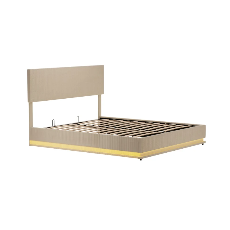 Letto matrimoniale con spazio contenitore e testiera regolabile in altezza (materasso non incluso), 180x200 cm, Beige