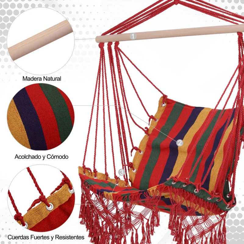 Outsunny Cadeira de rede suspensa de tecido de algodão poliéster Carga de 120 kg Poltrona suspensa para terraço interno ao ar livre 100x60x100 cm Multicolor