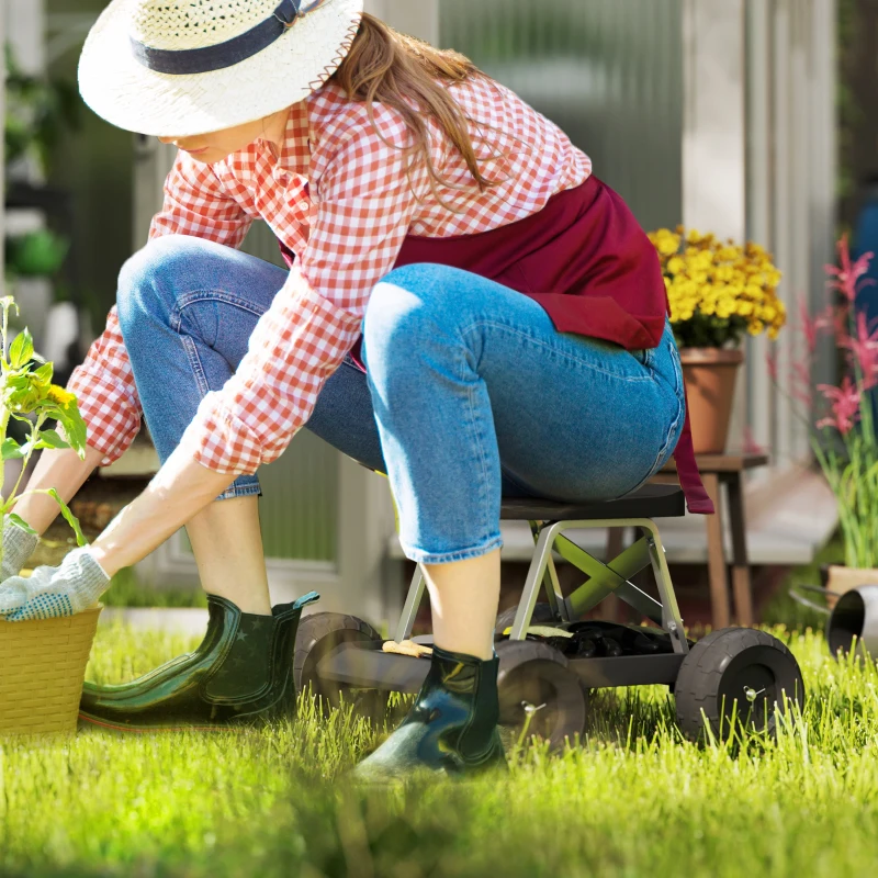 Outsunny Assento de Jardim com Rodas Banco de Jardinagem com Bandeja de Ferramentas Carrinho de Trabalho  50x49x32 cm Preto