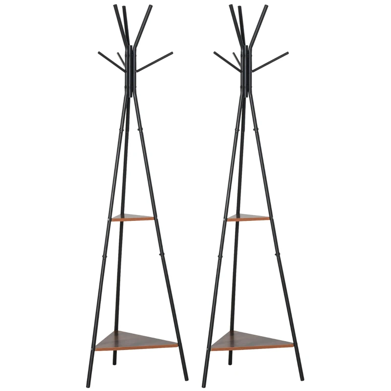HOMCOM Lot de 2 porte-manteaux trépied meuble d'entrée style industriel branches 2 étagères + 6 patères métal noir