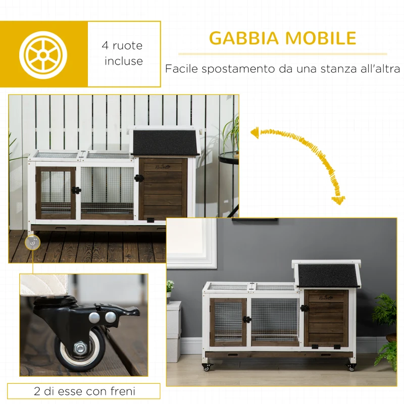 PawHut Conigliera in Legno da Interno ed Esterno con Ruote, Casetta, Tetto Apribile e Vassoio, Marrone