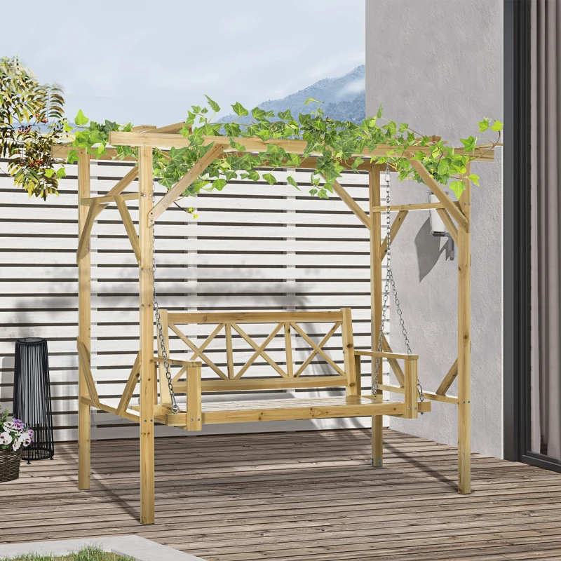 Outsunny schommelbank met pergola, 2-zits tuinschommel, massief hout, naturel