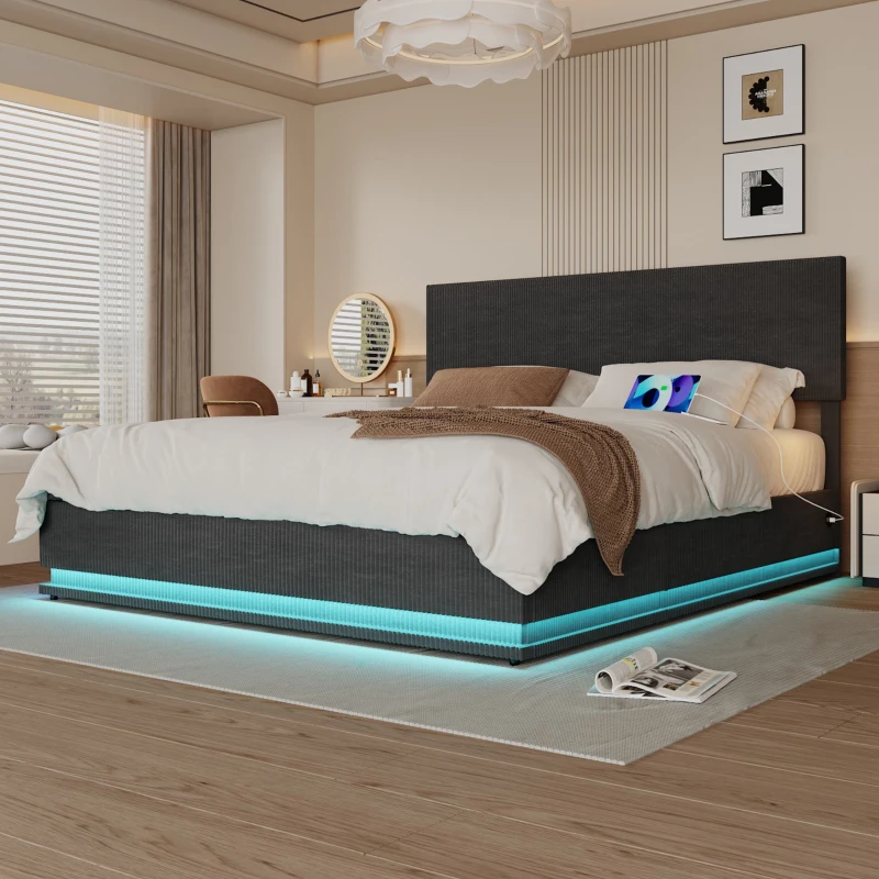 Letto matrimoniale con spazio contenitore e testiera regolabile in altezza (materasso non incluso), 180x200 cm, Grigio Scuro