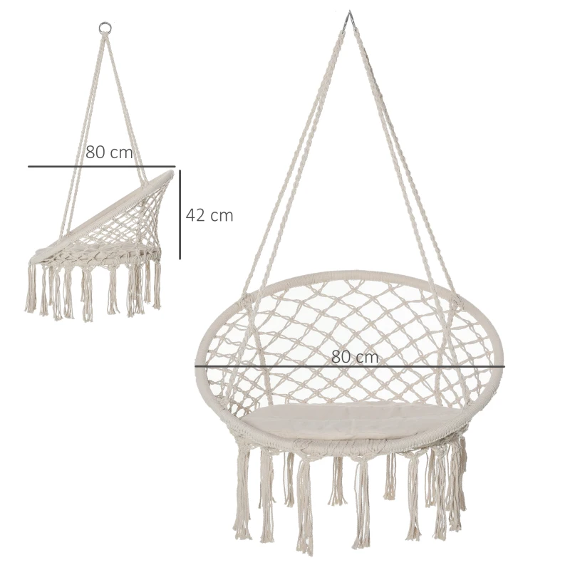 Outsunny Cadeira suspensa redonda Ø60 cm de rede de balanço com almofada e corda de algodão para interior e exterior 80x80x42 cm bege