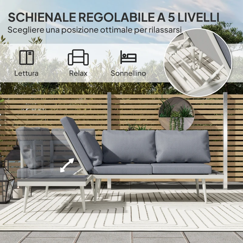 Outsunny Salotto da Giardino con 2 Divani con Cuscini, Schienale Regolabile a 5 Livelli e Tavolino a Doghe, Grigio