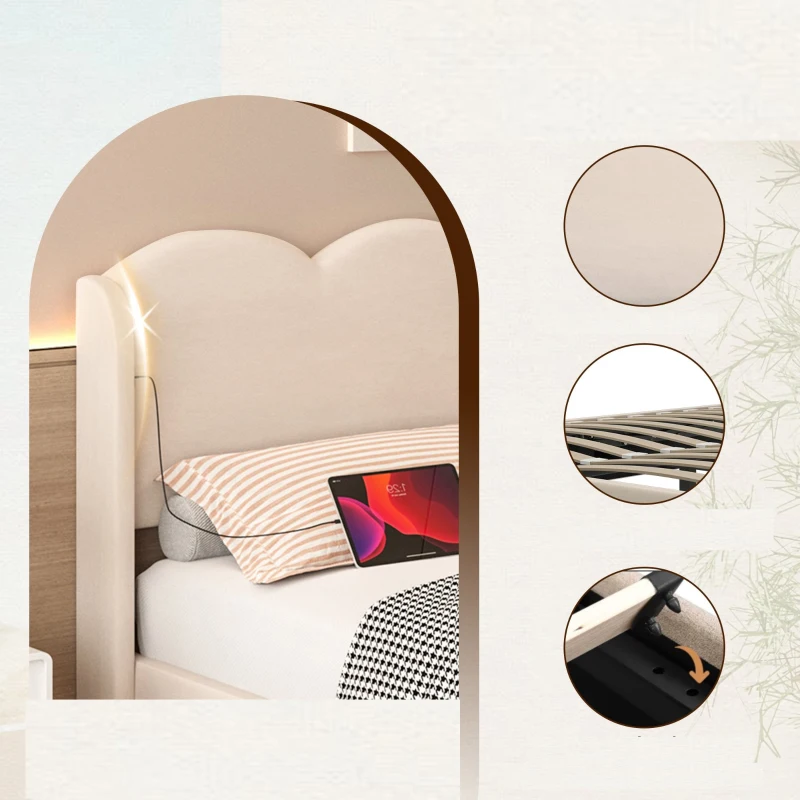 Doppelbett mit wellenförmigem Kopfteil, LED-Licht, hydraulischem Stauraum, Stoff in Samtoptik, 160×200 cm, ohne Matratze, Beige