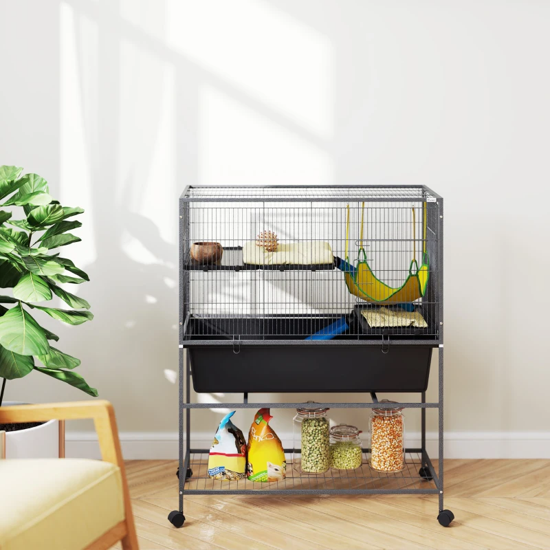 PawHut Gaiola para Animais Pequenos de 3 Níveis com Rodas Rampas e Bandeja Amovível Recinto para Roedores 88x48x102 cm Cinza Escuro