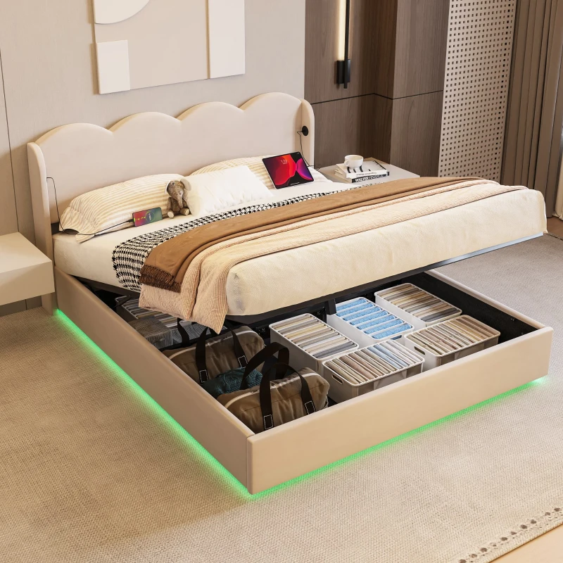 Doppelbett mit wellenförmigem Kopfteil, LED-Licht, hydraulischem Stauraum, Stoff in Samtoptik, 140×200 cm, ohne Matratze, Beige
