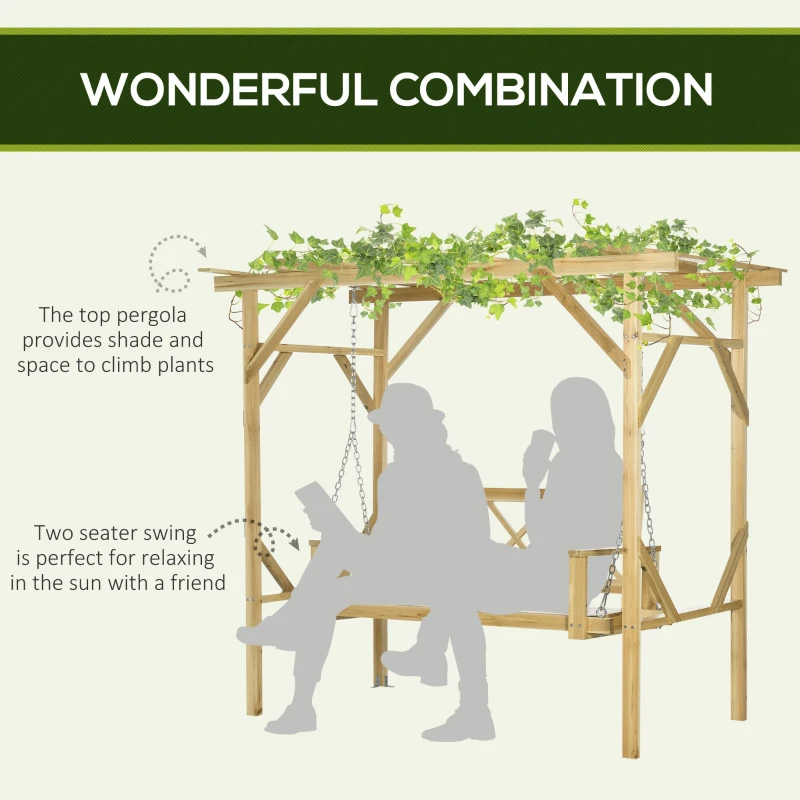 Outsunny schommelbank met pergola, 2-zits tuinschommel, massief hout, naturel