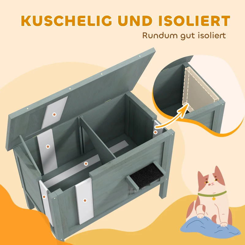 PawHut Katzenhaus Outdoor-Katzenhaus Katzenhütte, wetterbeständig, 1 Fenster, 1 Eingang, 85 x 50 x 68,5 cm, Dunkelgrau+Schwarz(m-4)