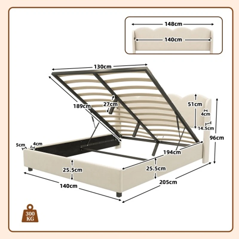 Doppelbett mit wellenförmigem Kopfteil, LED-Licht, hydraulischem Stauraum, Stoff in Samtoptik, 140×200 cm, ohne Matratze, Beige