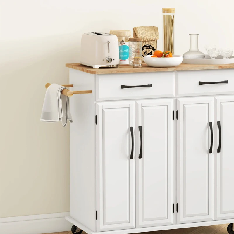 HOMCOM Isla de Cocina con Encimera de Madera de Caucho con Cajones Armarios y Ruedas con Freno 111x44,5x90,5 cm Blanco y Roble