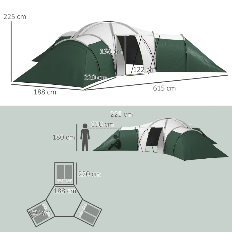 Outsunny Campingzelt für 6-9 Personen, 4 Räume, Vorzelt, wasserdicht, 615x 615x225cm, Grün(m-3)