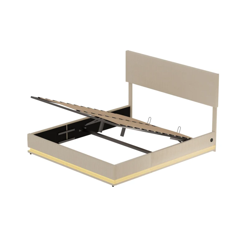 Lit double 160x200cm, avec espace de rangement et cadre de nouilles plat, tête de lit réglable en hauteur, sans matelas, Beige