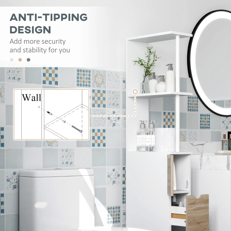 HOMCOM Dulap de Baie din Lemn cu Rafturi și Sertare, 15x33x136 cm, Lemn Natural