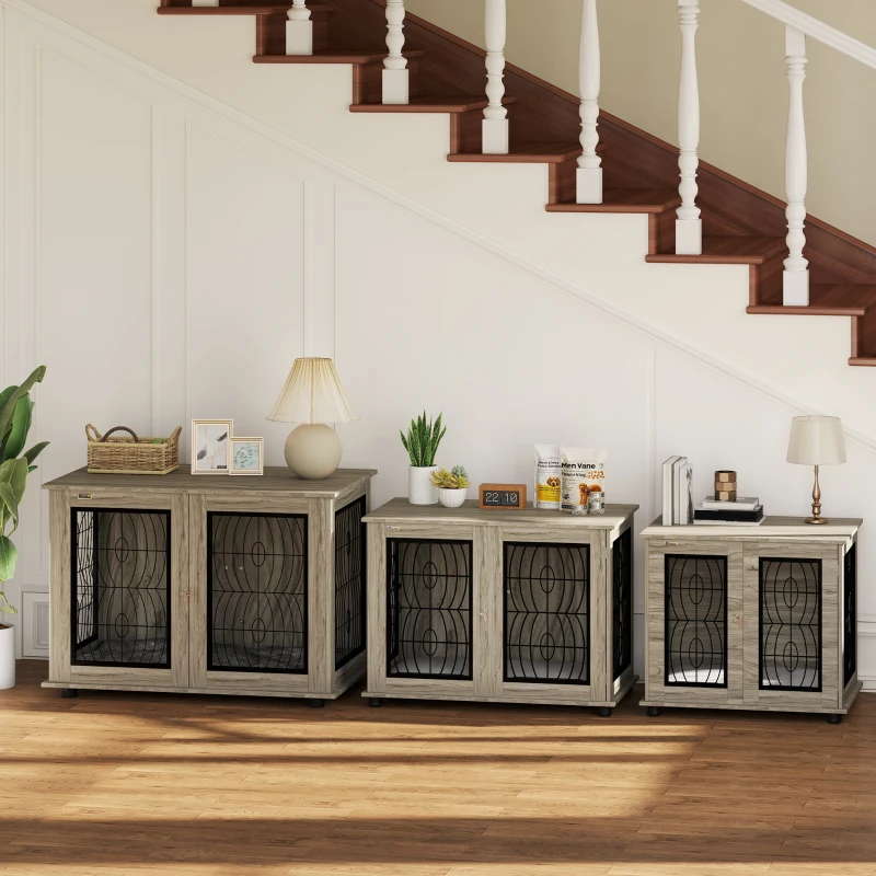 PawHut Indoor Dog Crate Furniture End Table with Soft Washable Cushion, Lockable Front Door, for Large Dogs - Grey